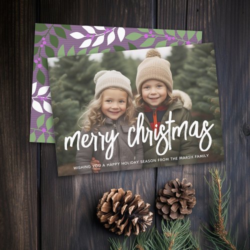 Photo Merry Christmas script white overlay purple Holiday Card