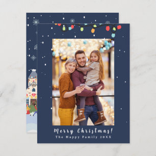 Photo Merry Christmas Snow Whimsy Blue Holiday Card