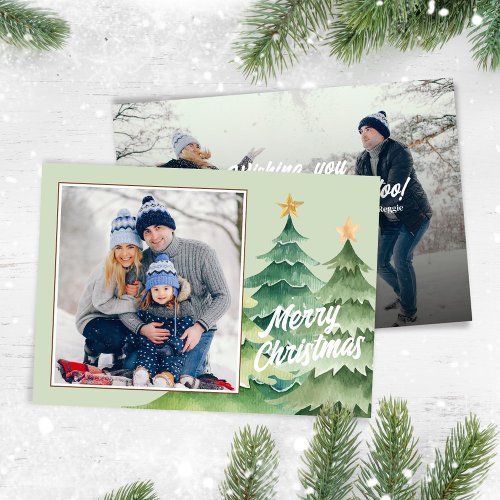 Photo Merry Christmas Watercolor Christmas Trees Holiday Card