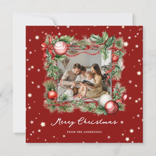 Photo Merry Christmas Wreath Stars Red Modern Holiday Card