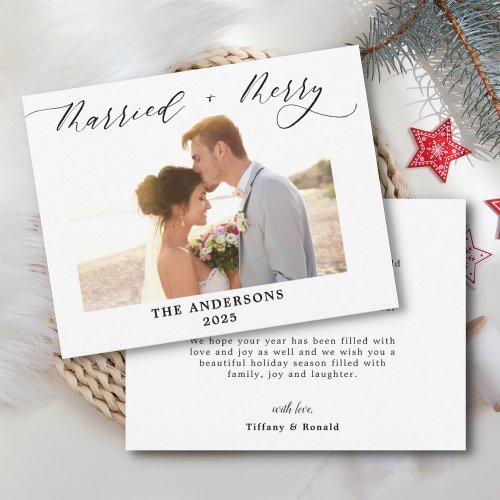 Photo Merry Married Script Wedding Christmas Thank You Card