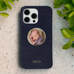 Photo Midnight Blue Faux Leather Modern Monogram iPhone 16 Pro Max Case