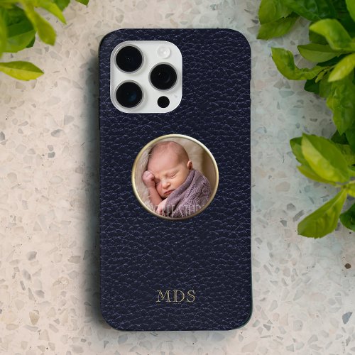 Photo Midnight Blue Faux Leather Modern Monogram iPhone 15 Pro Max Case