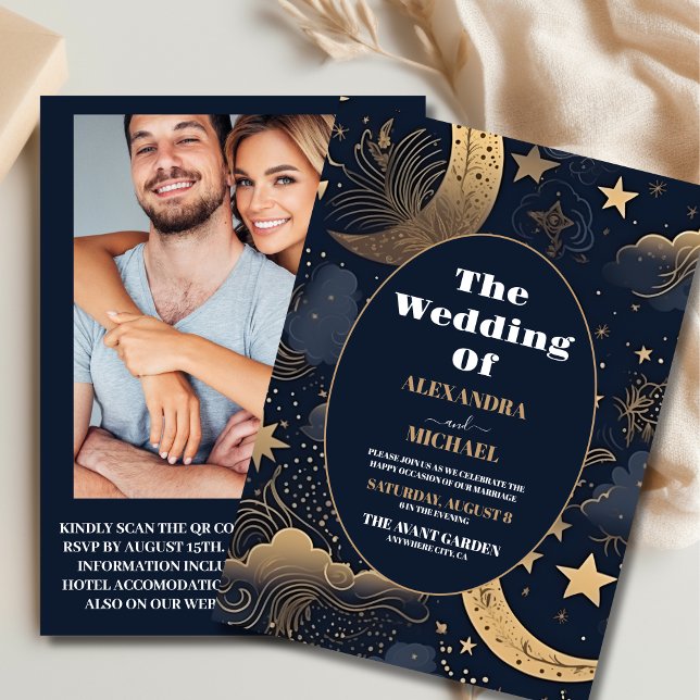 Photo Midnight Blue Gold Celestial Wedding Invitation (Creator Uploaded)