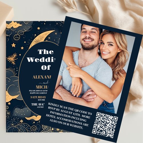 Photo Midnight Blue Gold Celestial Wedding Invitation