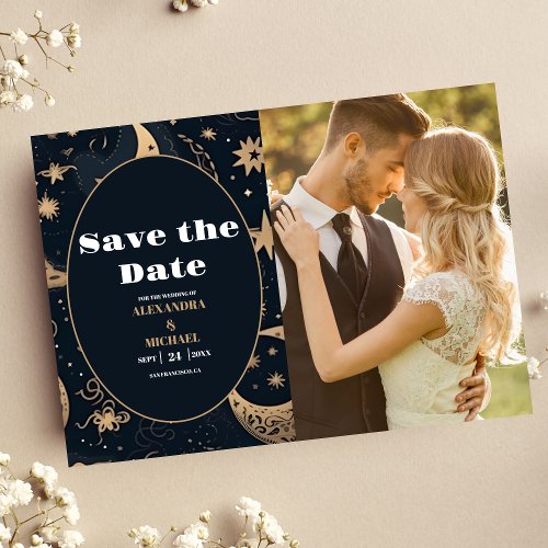 Photo Midnight Blue Gold Celestial Wedding Save The Date