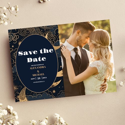 Photo Midnight Blue Gold Celestial Wedding Save The Date