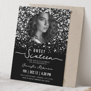 PHOTO Midnight Glam Sweet 16 Birthday Silver Invitation