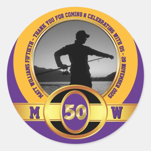 Photo Milestone Birthday 50th Purple Gold Black Classic Round Sticker