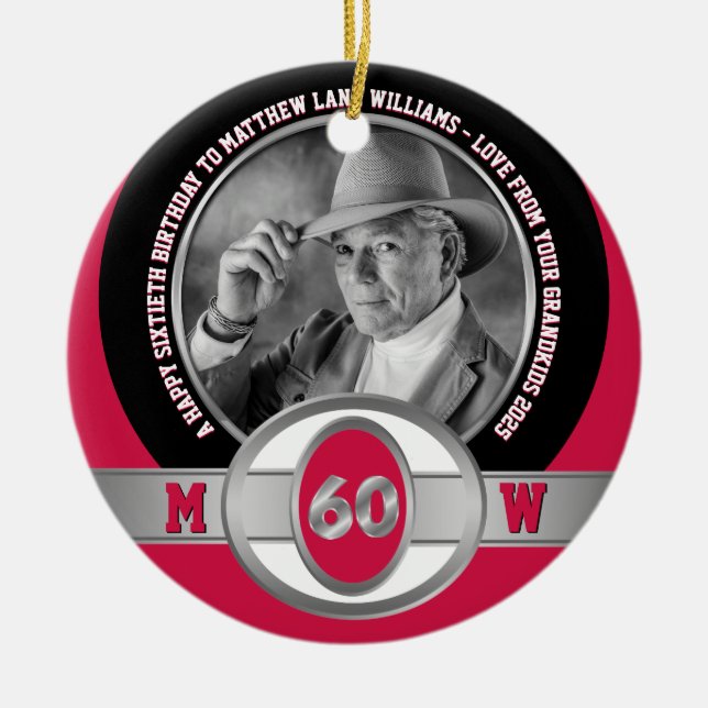 Photo Milestone Birthday 60th Red Black White Ceramic Ornament (Front)