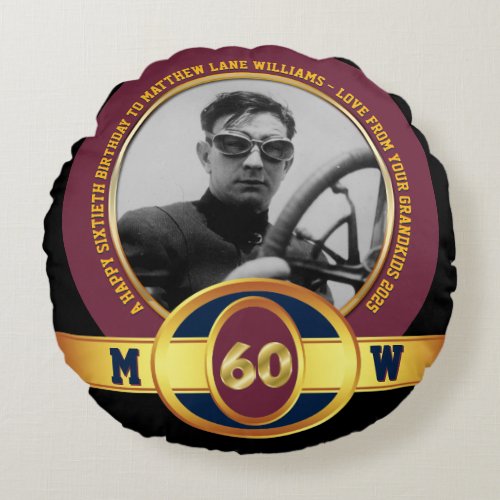 Photo Milestone Birthday 60th Wine Navy Gold Round Pillow