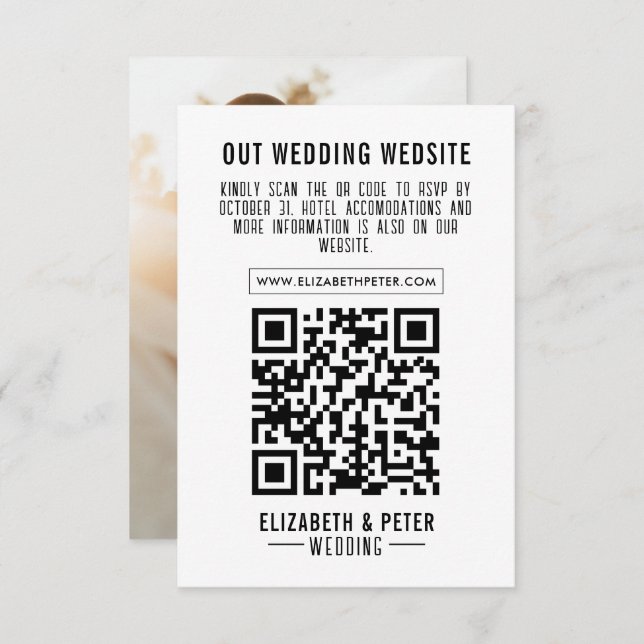 Photo Minimal Retro Black Wedding Qr Code RSVP Card (Front/Back)