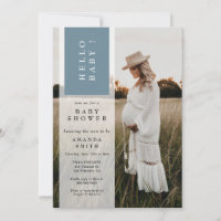 Photo Minimalist Blue Boy Hello Baby Shower Invitation