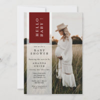 Photo Minimalist Burgundy Hello Baby Shower Invitation