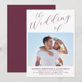 Photo Minimalist Burgundy White Script Wedding Inv Invitation