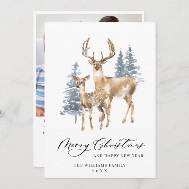 PHOTO Minimalist Elegant Deer Christmas Tree Holiday Card (Front/Back)