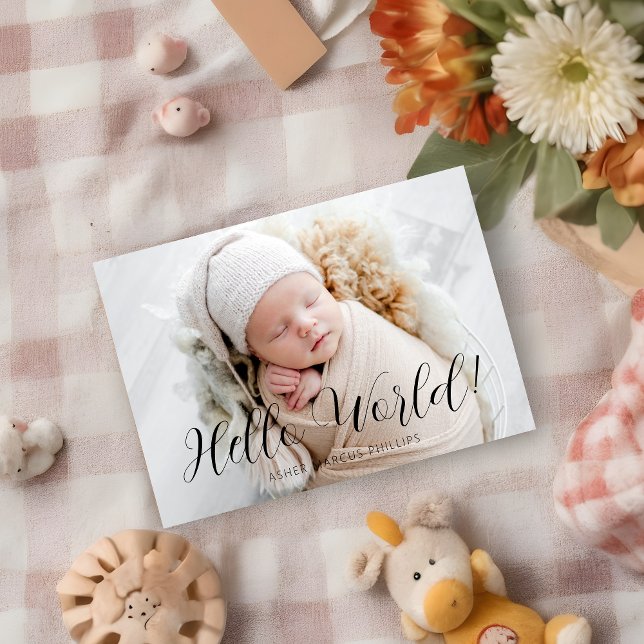 Photo Minimalist Elegant Typography Hello World (Photo Minimalist Elegant Typography Hello World Quote Newborn Unisex Announcement.)