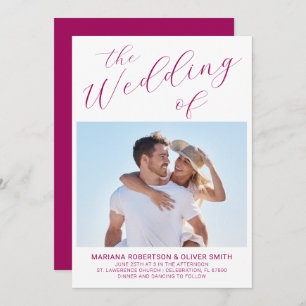 Photo Minimalist Magenta Script Wedding Invitation