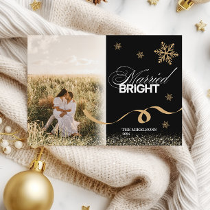 Photo Minimalist Married and Bright  Holiday Card