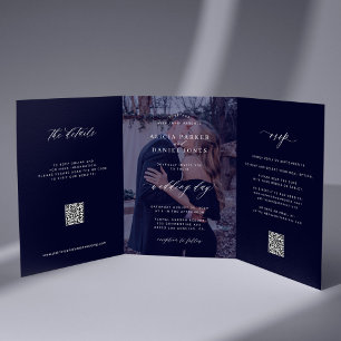 Photo minimalist midnight blue wedding all in one Tri-Fold announcement