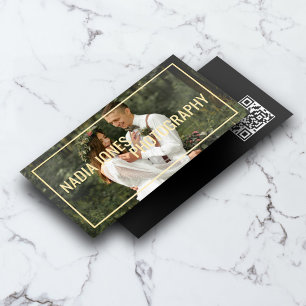 Photo Minimalist QR Code Black Foil Business Cards