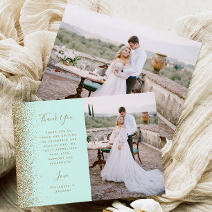 Photo Mint Green Gold Glitter Script Wedding Thank You Card