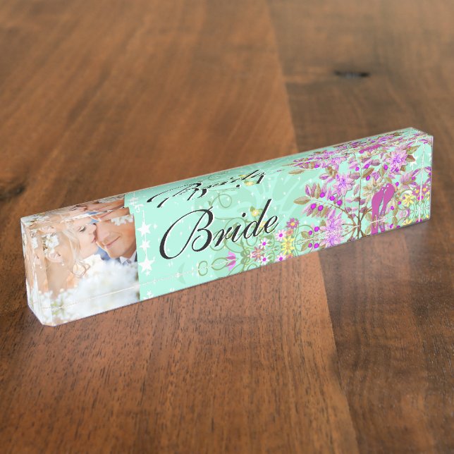 Photo Mint Radiant Purple Bride Love Bird Wedding Desk Name Plate (Side)