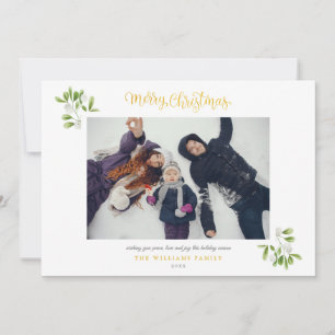 Photo Mistletoe Gold Script Merry Christmas Holiday Card