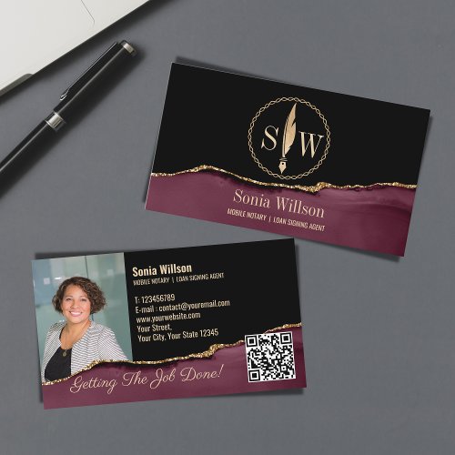 Photo Mobile Notary Loan Signing Monogram QR Code Business Card