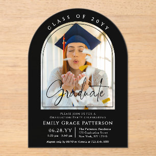 Photo Modern Arch Graduate Script Graduation Party Acrylic Invitations