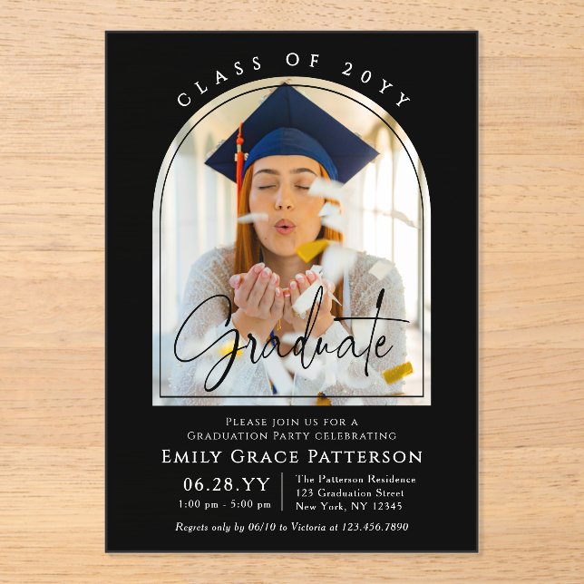 Photo Modern Arch Graduate Script Graduation Party Acrylic Invitations (Front)
