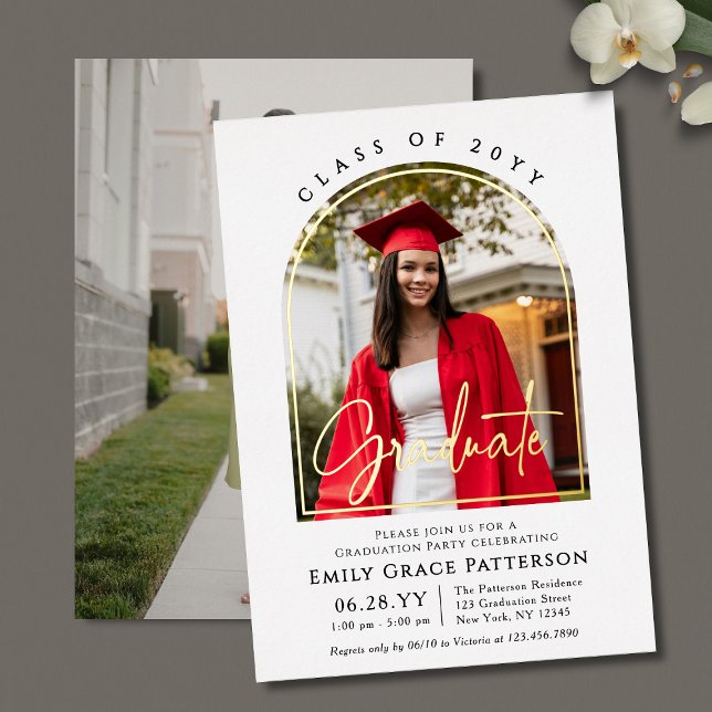 Photo Modern Arch Graduate Script Graduation Party Foil Invitation (Creator Uploaded)