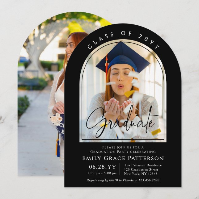 Photo Modern Arch Graduate Script Graduation Party Invitation (Front/Back)
