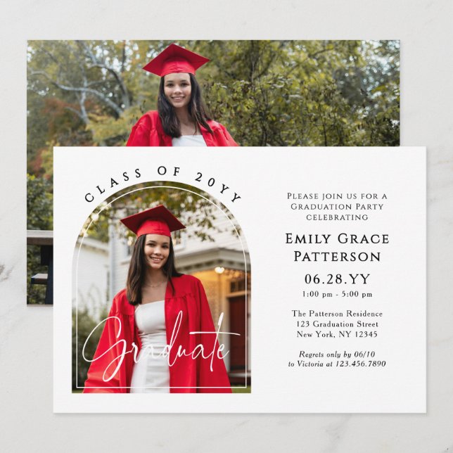 Photo Modern Arch Graduate Script Graduation Party Invitation (Front/Back)