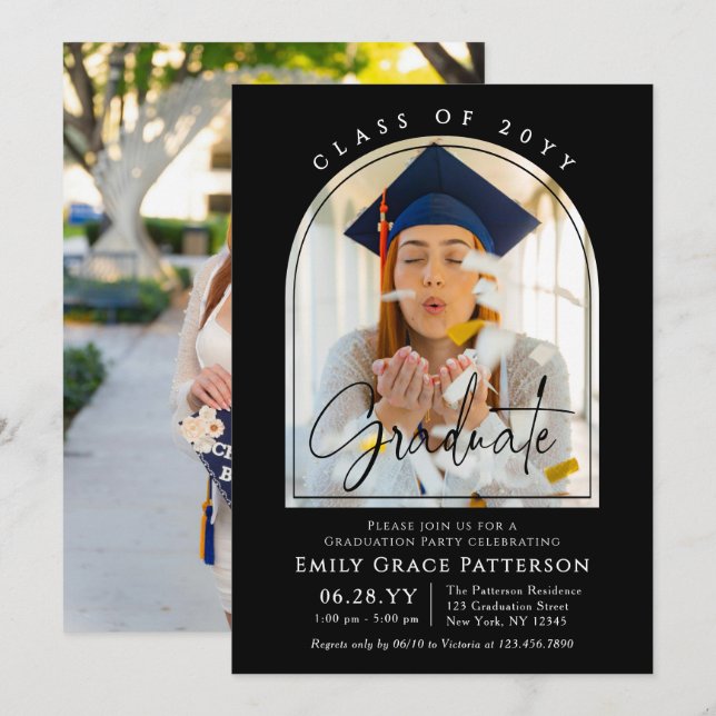 Photo Modern Arch Graduate Script Graduation Party Invitation (Front/Back)