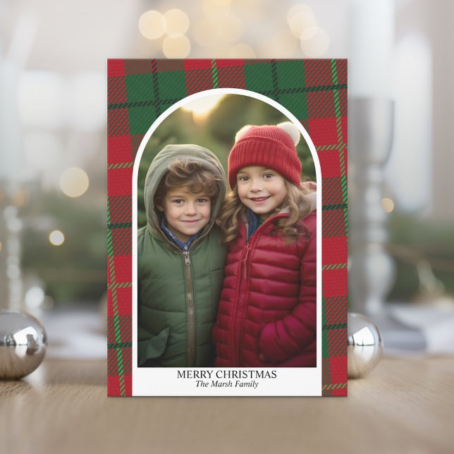 Photo modern arch Merry Christmas red green plaid Holiday Card (Photo Christmas Card)