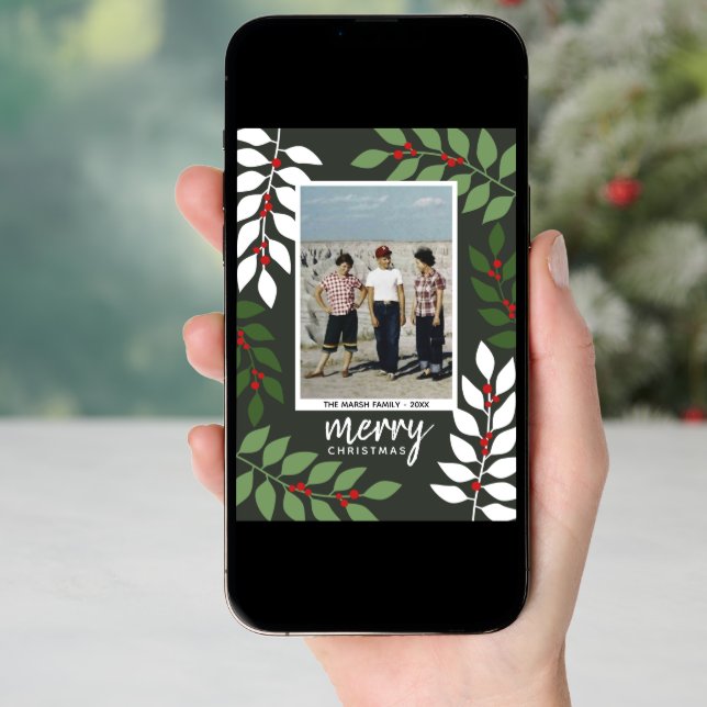 Photo modern berries eucalyptus branches Christmas Holiday Card (Front Digital)