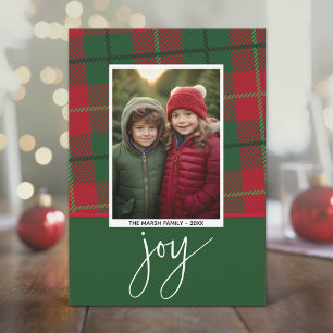 Photo modern berries joy Christmas red green plaid Holiday Card
