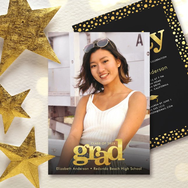 Photo modern bold black gold grad party elegant invitation (Creator Uploaded)