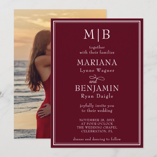 Photo Modern Border Minimalist Burgundy Wedding Invitation (Front/Back)