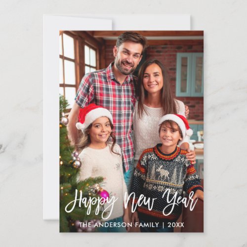 Photo Modern Brush Script Happy New Year Holiday Card