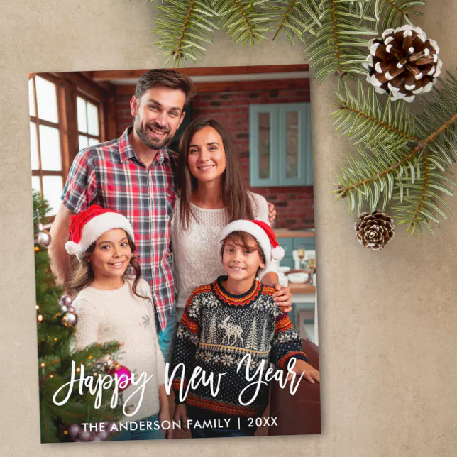 Photo Modern Brush Script Happy New Year Postcard | Zazzle