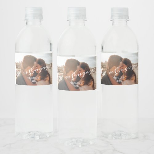 Photo Modern Calligraphy Engagement Wedding  Water Bottle Label