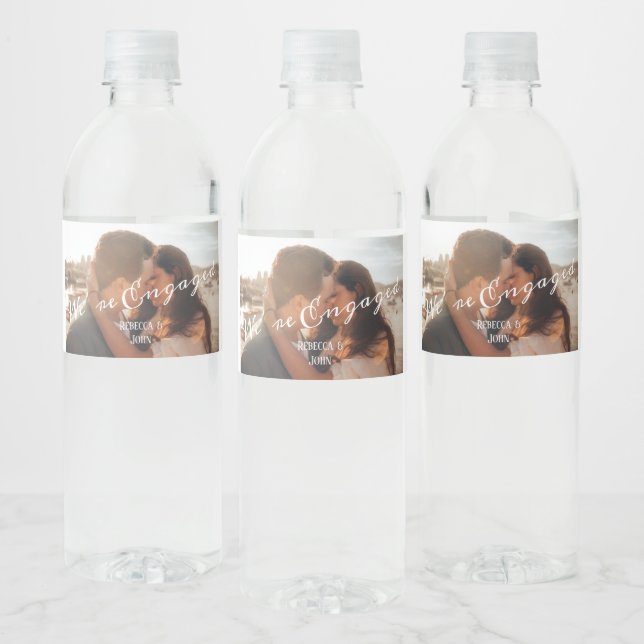 Photo Modern Calligraphy Engagement Wedding  Water Bottle Label (Bottles)