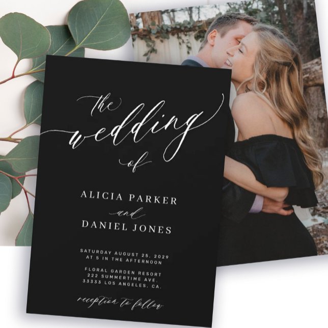 Photo modern elegant chic script black wedding invitation (Creator Uploaded)
