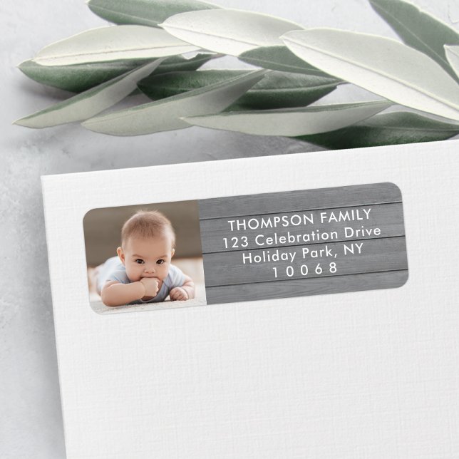 Photo Modern Farmhouse Grey Wood Return Address Label (Creator Uploaded)