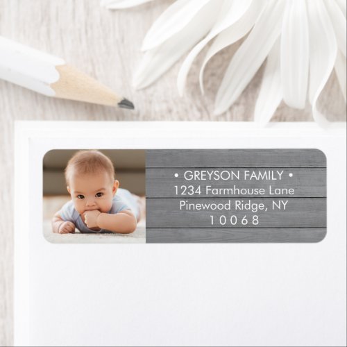 Photo Modern Farmhouse Grey Wood Return Address Label - Add an elegant finishing touch to envelopes with these stylish custom photo grey faux wood return address labels. Text and picture on this template are simple to customize. Design features one image of your choice, chic minimalist white typography, and modern farmhouse style rustic gray wood look background.