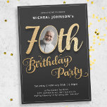 Photo Modern Gold Typography 70th Birthday  Invitation<br><div class="desc">Photo Modern Gold Typography 70th Birthday Invitation. Introducing a captivating blend of contemporary style and timeless elegance. Against a sleek black background, shimmering gold foil accents create a striking contrast that catches the eye. Your custom photo adds a personal touch, making this invitation truly unique to celebrate your milestone birthday....</div>