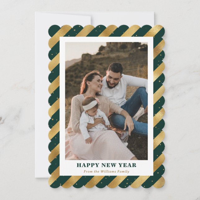Photo Modern Green Gold Happy New Year Card (Front)