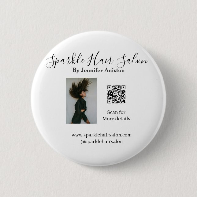 Photo modern hair salon small business QR code  Button (Front)